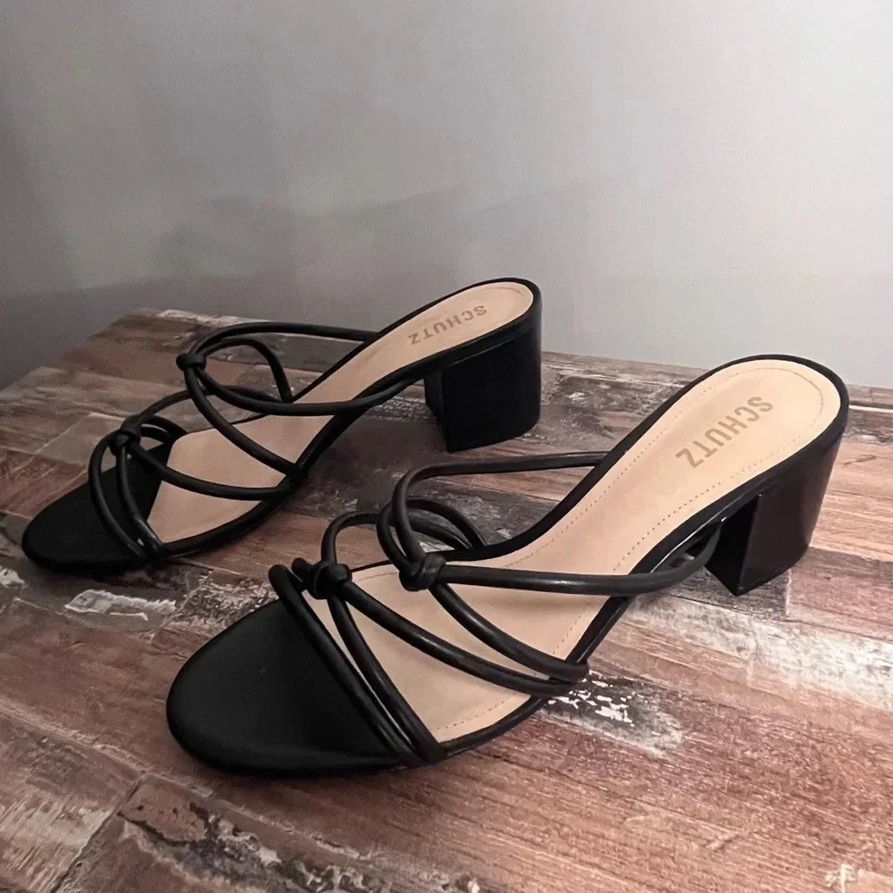 Black Schutz Leather Strappy Heeled Sandal Women Size 10.5